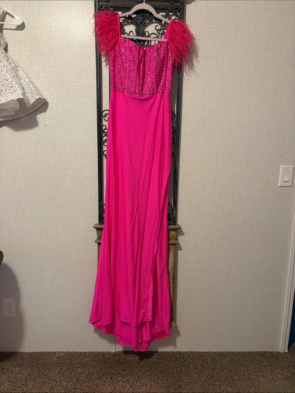 Feather-Accent Hot Pink Sequin Evening Gown